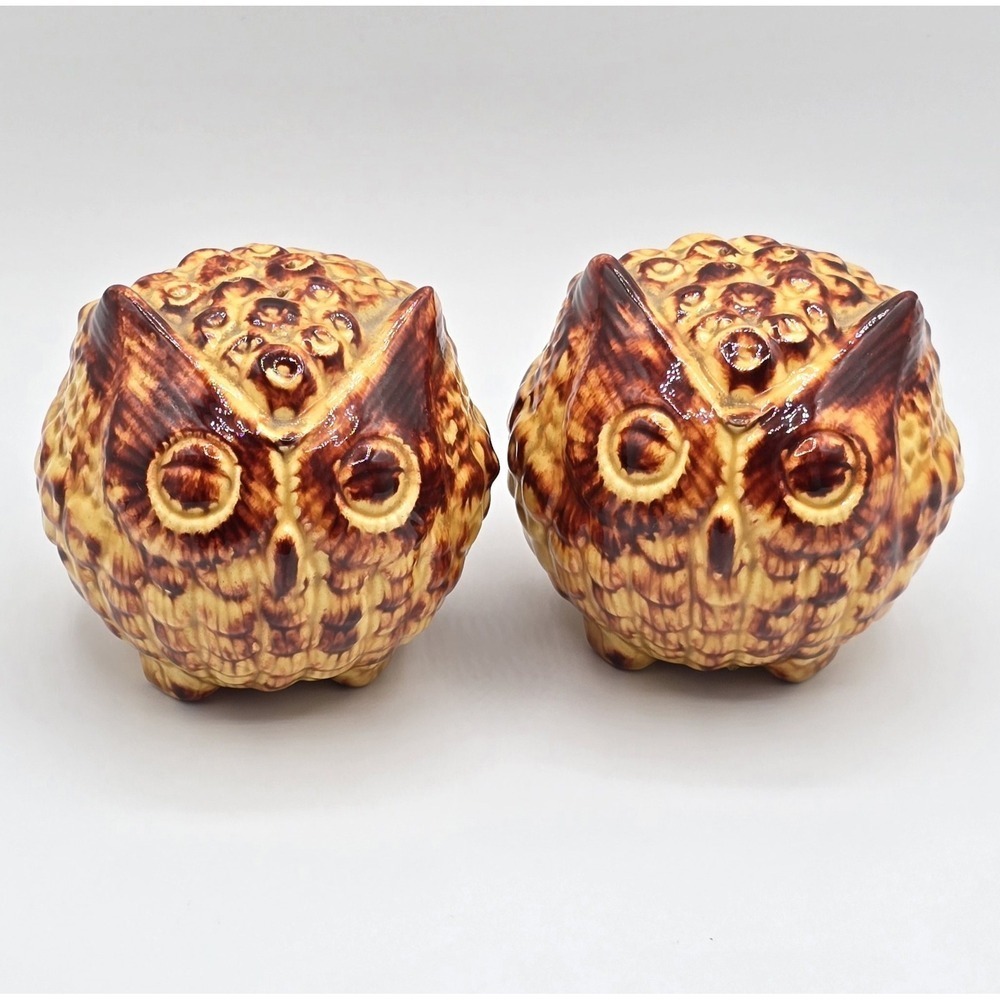 Pair of Vintage MCM Ceramic Owl Salt & Pepper Shakers Chubby Round Bird
